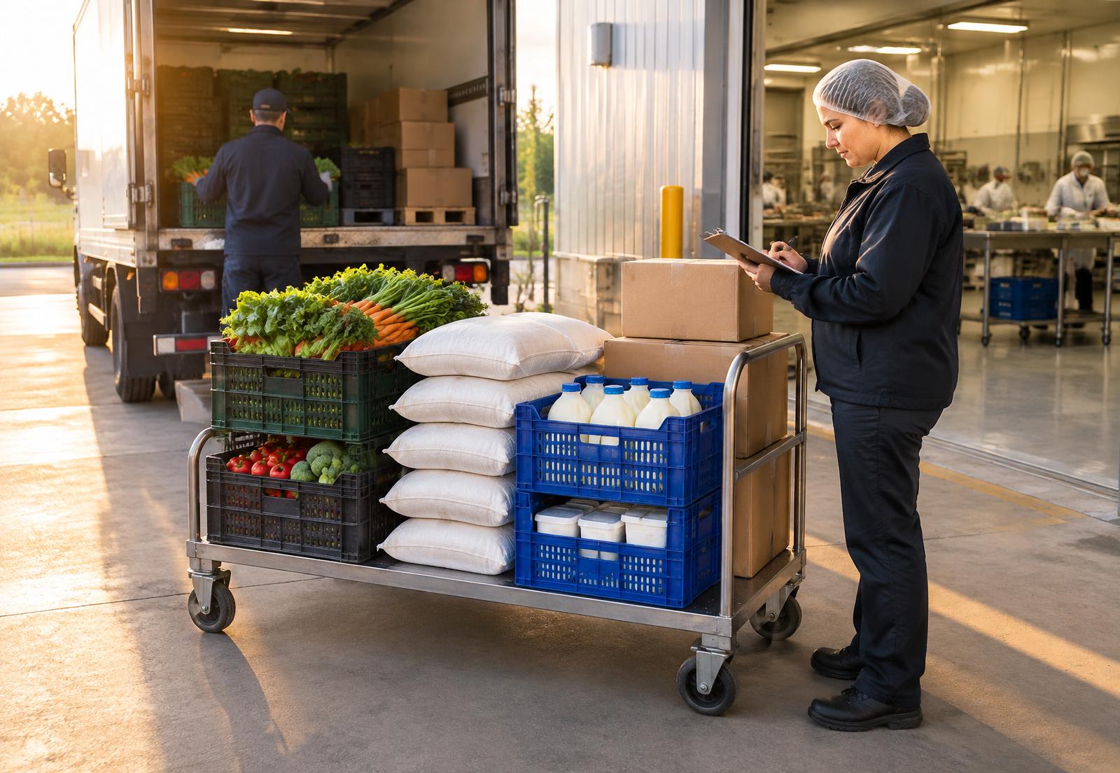 Recepción de proveedores con vegetales, harinas y lácteos